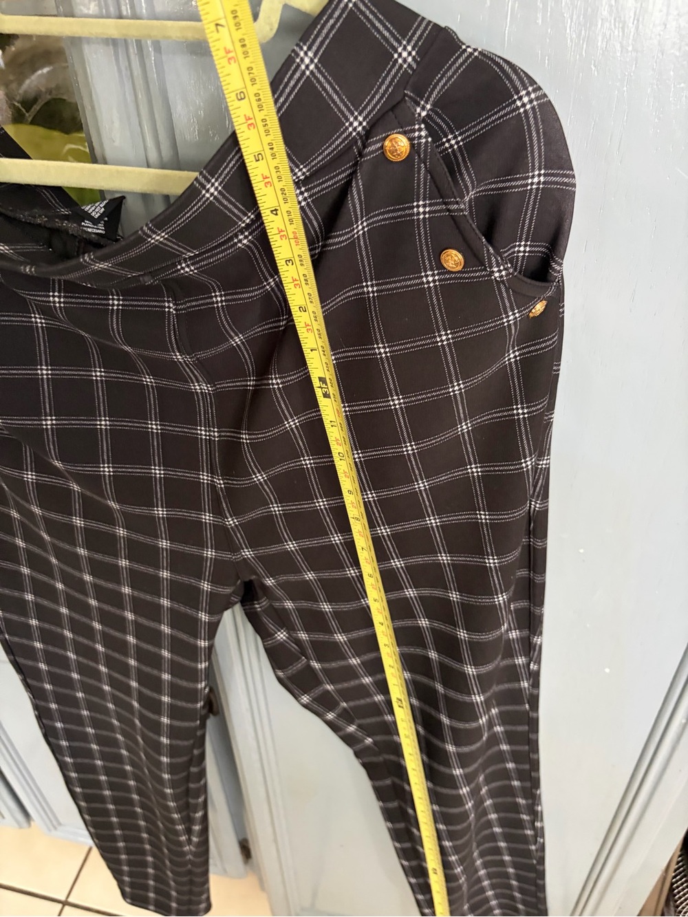 Black Plaid Women's Chinos with Gold Button Detail - Picture 2 of 13
